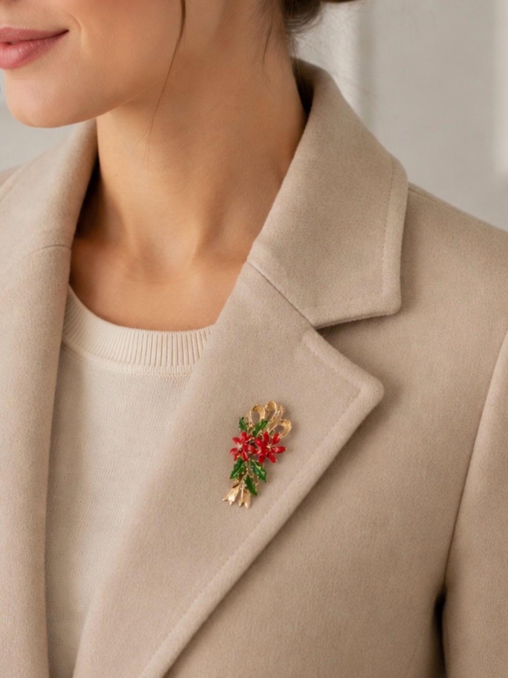 Gerry’s Christmas pin, vintage holly flowers ribbon, gold red green,